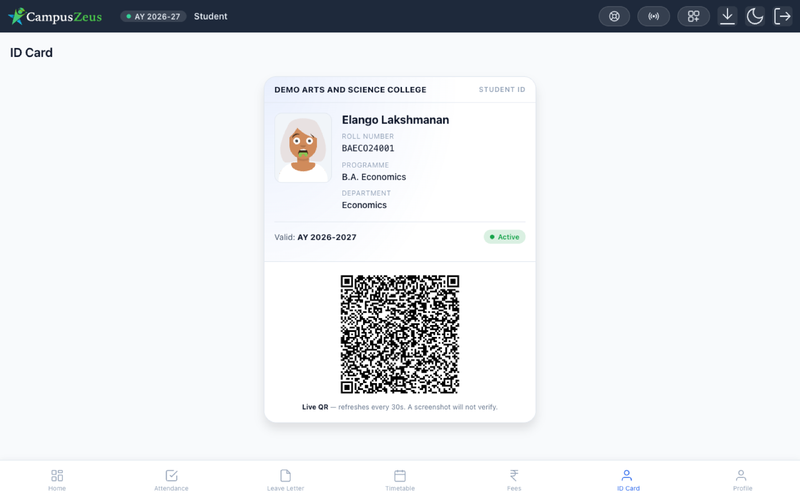 Student digital ID card with photo, roll number, programme and a live rotating QR code