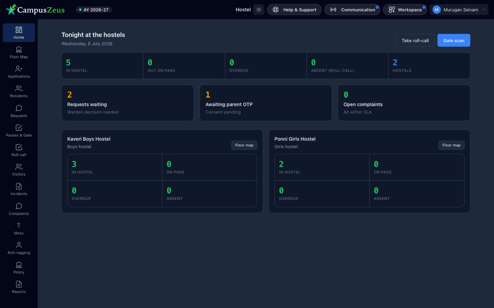 Hostel dashboard at night showing in-hostel counts, out on pass, roll-call and per-block breakdown