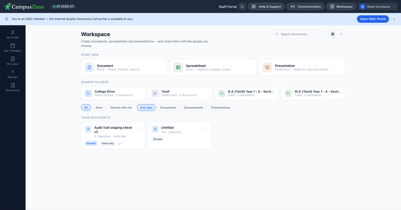 Workspace showing new document, spreadsheet and presentation tiles with shared folders and documents